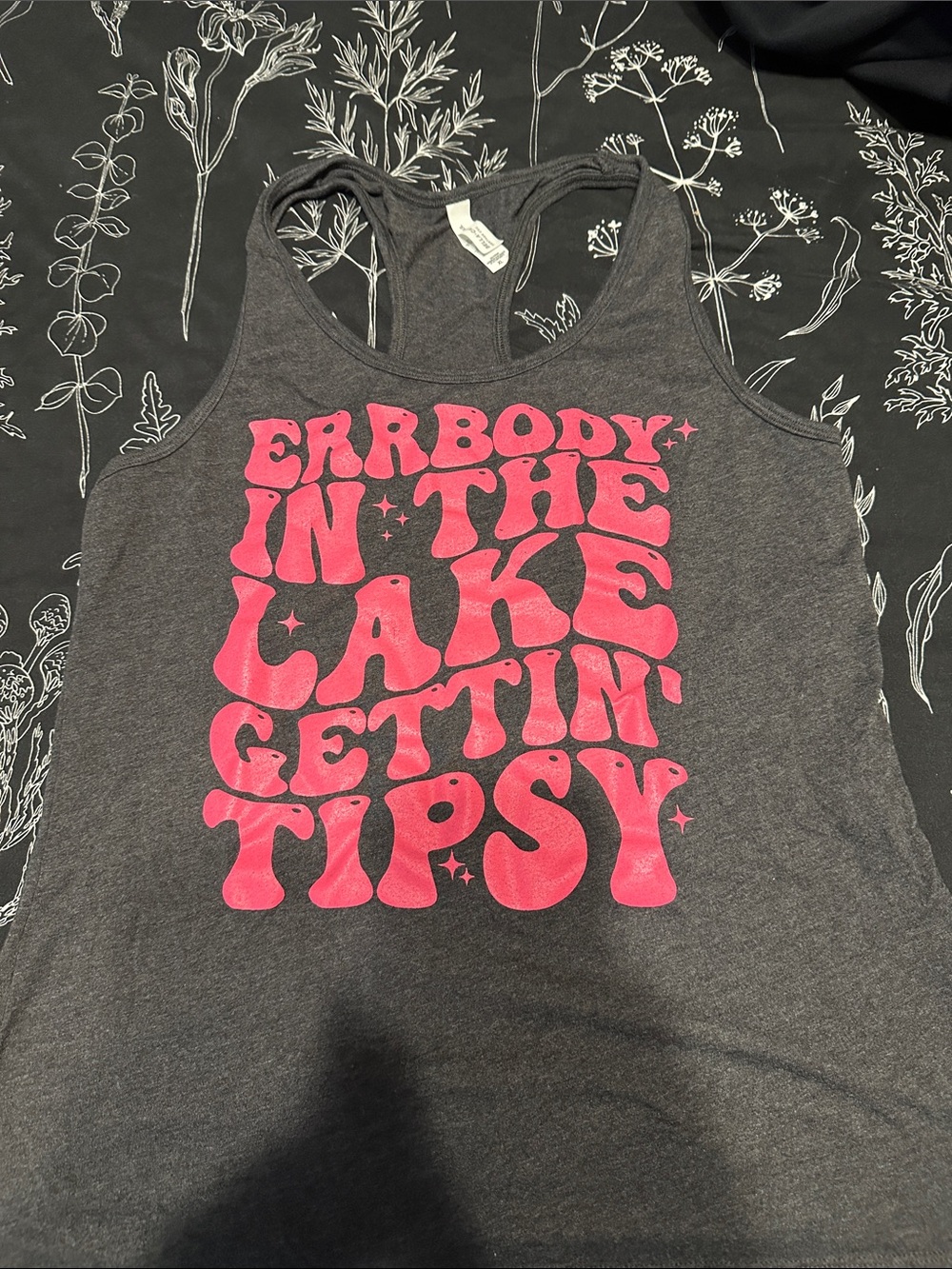 Gray Tank Top with Pink 'Errbody in the Lake Gettin' Tipsy' Graphic